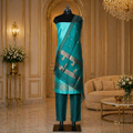 Teal Green Banarasi Handloom Luxury Suit set contrast with emerald Green color.