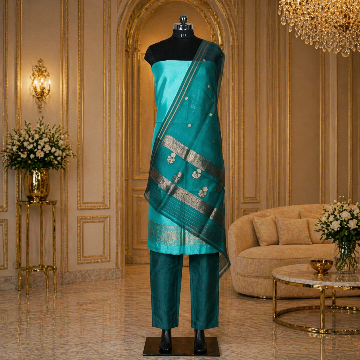 Teal Green Banarasi Handloom Luxury Suit set contrast with emerald Green color.