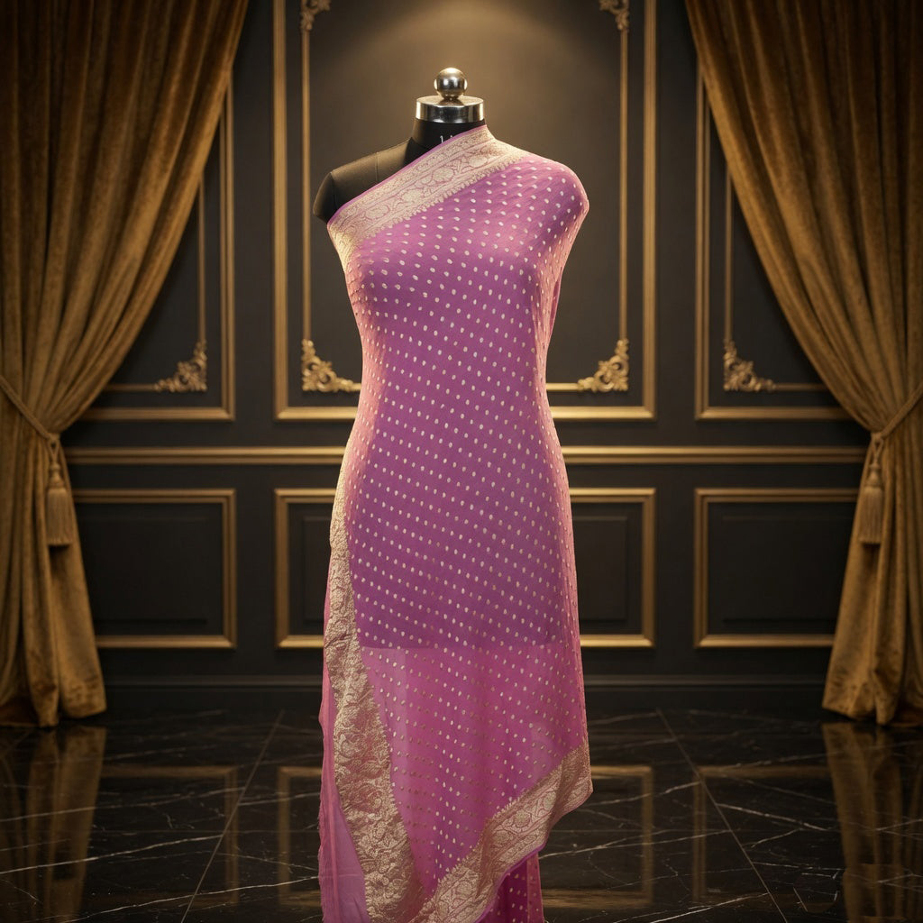 Delightful Pinkish Rani Pure Georgette Banarasi Dupatta with Floral Booti Pattern