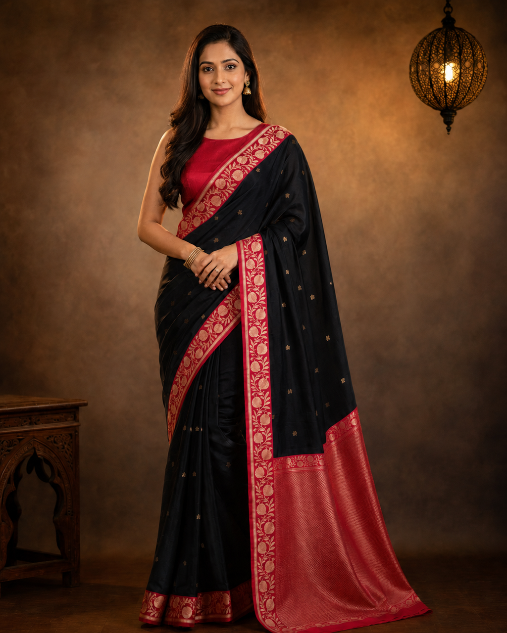 Black contrast with Red  - Pure Raw Mango Banarasi Saree