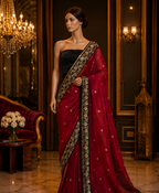 Black Contrast with maroon border - Pure Katan Georgette Banarasi Saree with Satin Border and small golden zari booti