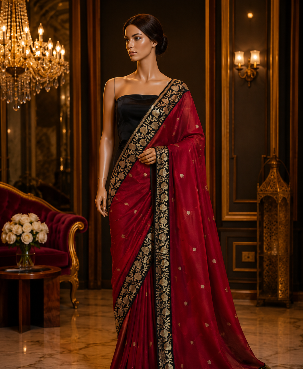 Black Contrast with maroon border - Pure Katan Georgette Banarasi Saree with Satin Border and small golden zari booti