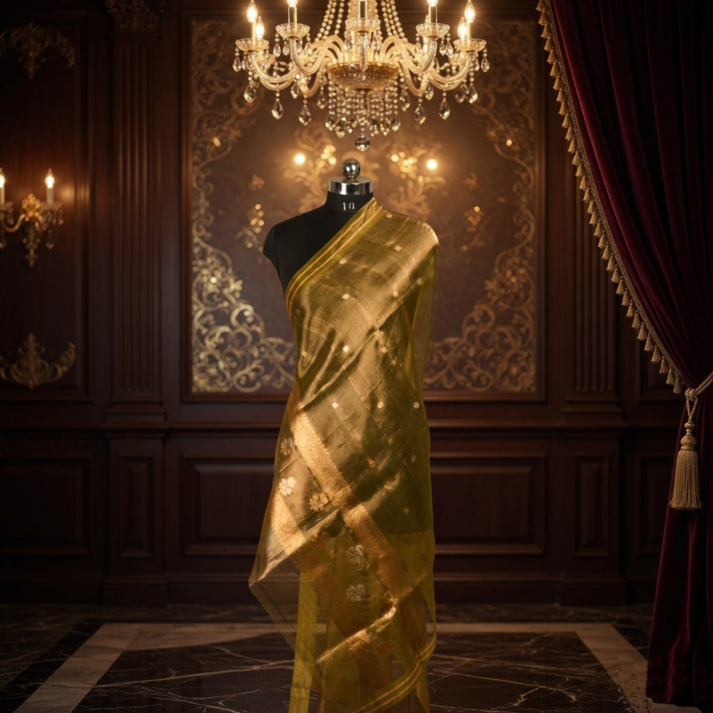 Deep Dhani Green - Pure Organza Banarasi Dupatta with small Booti design