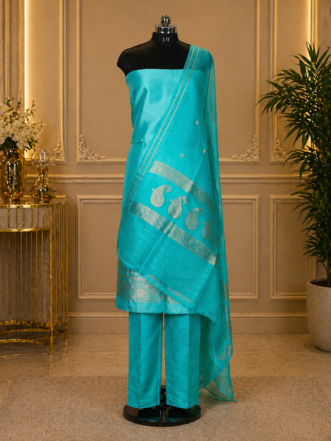 Teal Green Banarasi Handloom Luxury Suit set contrast with Aqua Teal Green color.