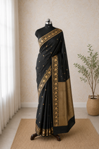 Black  - Pure Raw Mango Banarasi Saree with Goldenand silver Booti Motifs