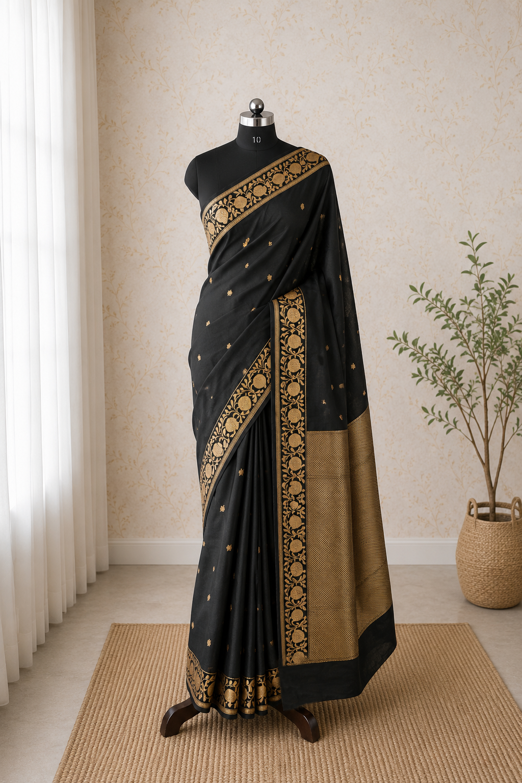 Black  - Pure Raw Mango Banarasi Saree with Goldenand silver Booti Motifs