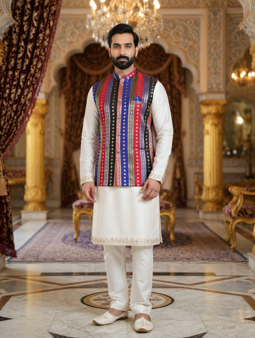 Multicolor Striped - Men's Silk Blend Sleeveless Striped Design Nehru Jacket