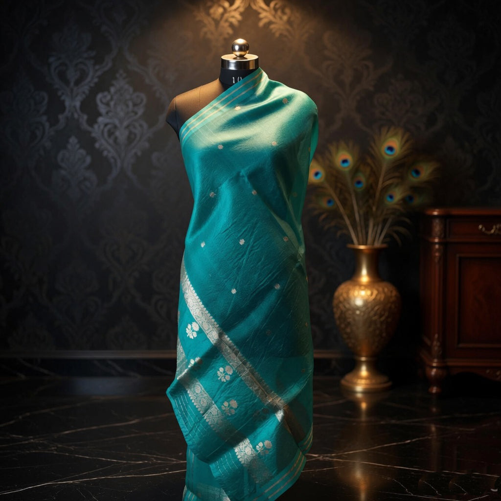 Aqua Teal Green - Pure Organza Banarasi Dupatta with small Booti designa