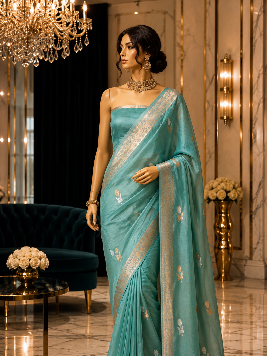 Aqua Teal Blue - Pure Organza Silk Banarasi Saree with Alfi Boota