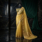 Golden Yellow - Pure Organza Banarasi Saree with light Golden Zari Booti