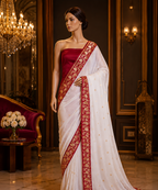 White Contrast with red border - Pure Katan Georgette Banarasi Saree with Satin Border and small golden zari booti