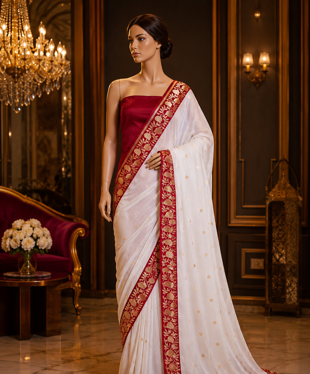 White Contrast with red border - Pure Katan Georgette Banarasi Saree with Satin Border and small golden zari booti