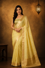 Golden Yellow - Pure Organza Banarasi Saree with light Golden Zari Booti