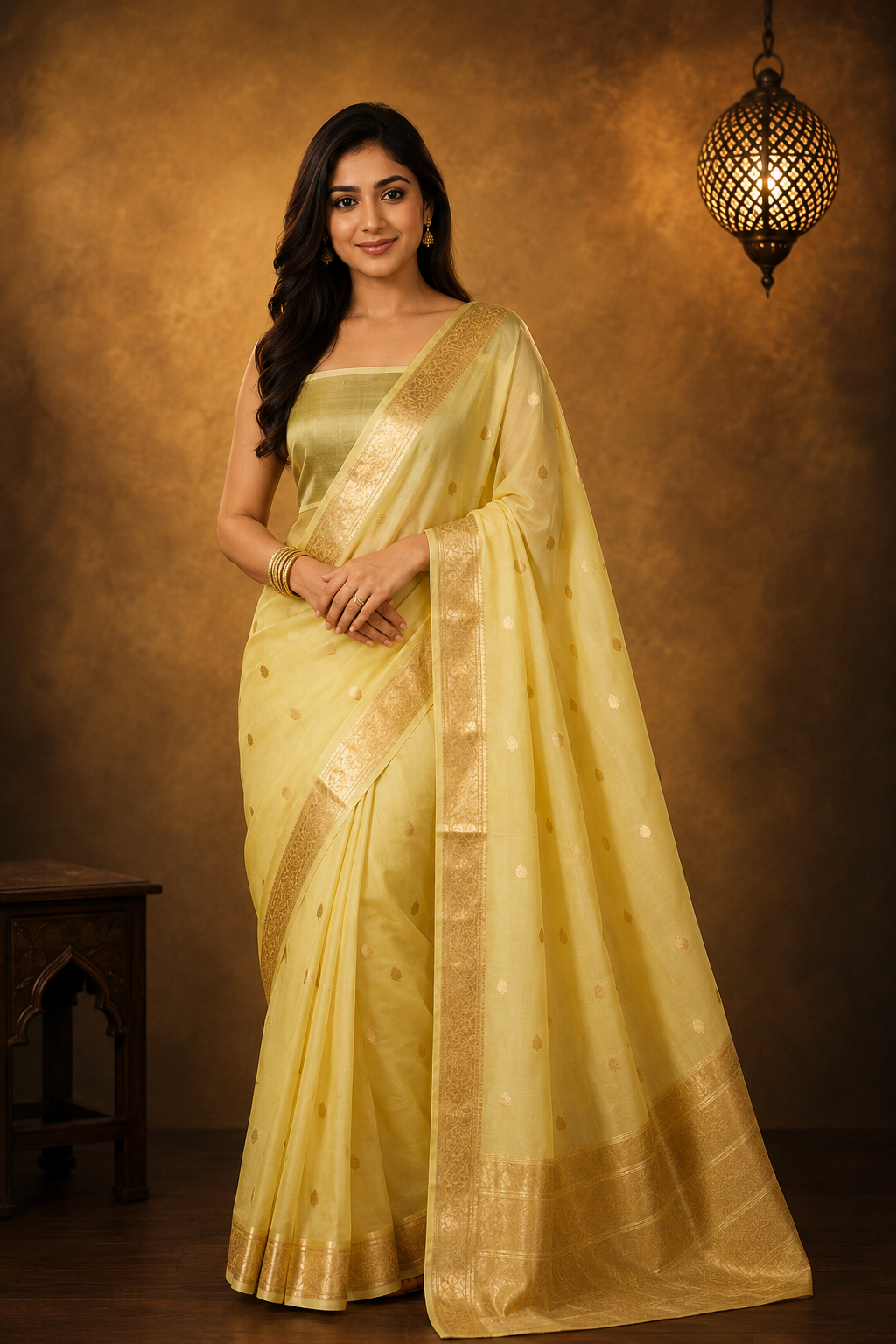 Golden Yellow - Pure Organza Banarasi Saree with light Golden Zari Booti