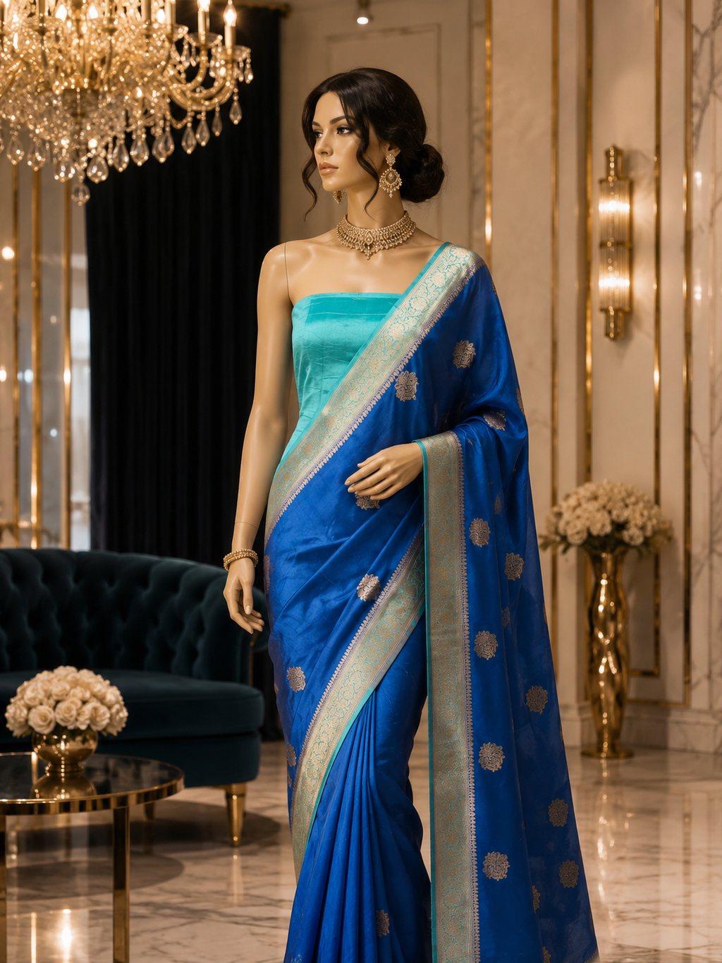 Navy Blue Contrast with lavender border - Pure Raw Mango Banarasi Saree with Golden Boota Motifs
