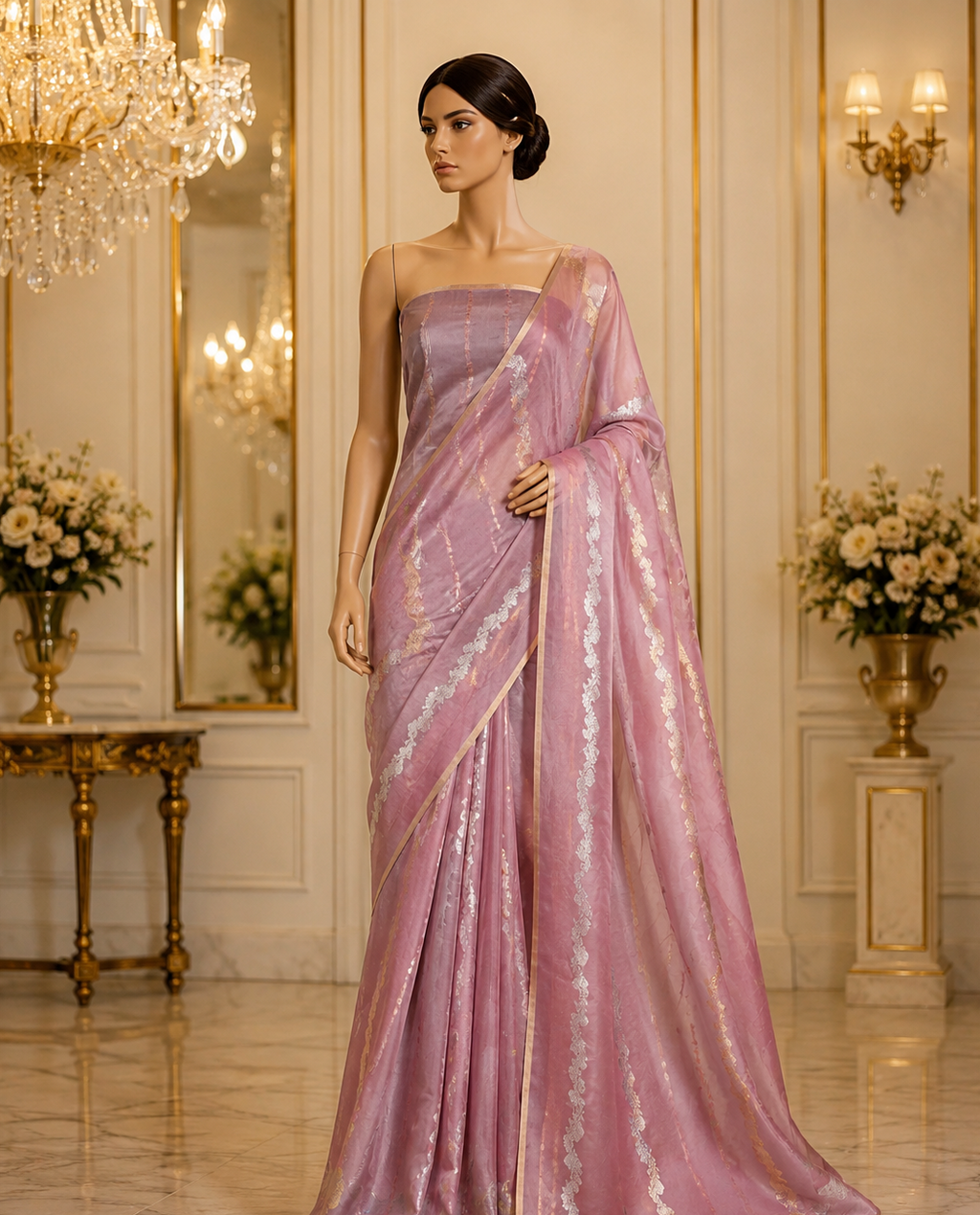 Pinkish Mauve Taupe - Pure Organza Banarasi Saree with Banarasi Half Laheria in gold and silver