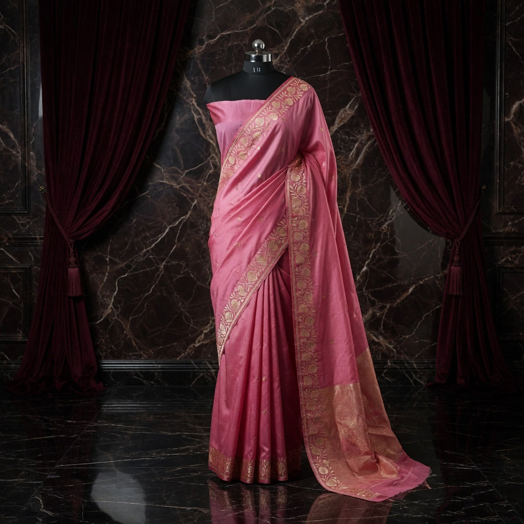 Pink - Pure Katan Georgette Banarasi Saree with Satin Border