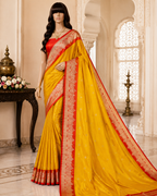 Yellow contrast with Red - Pure Soft premium Katan Silk Banarasi Saree with Alfi small Booti and contrast Satin Border