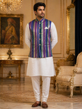 Multicolor Striped - Men's Silk Blend Sleeveless Striped Design Nehru Jacket