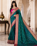 German Blue contrast with Pink - Pure Soft premium Katan Silk Banarasi Saree with Alfi small Booti and contrast Satin Border