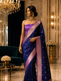 Navy Blue Contrast with lavender border - Pure Banarasi silk Saree with small golden booti