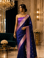 Navy Blue Contrast with lavender border - Pure Banarasi silk Saree with small golden booti