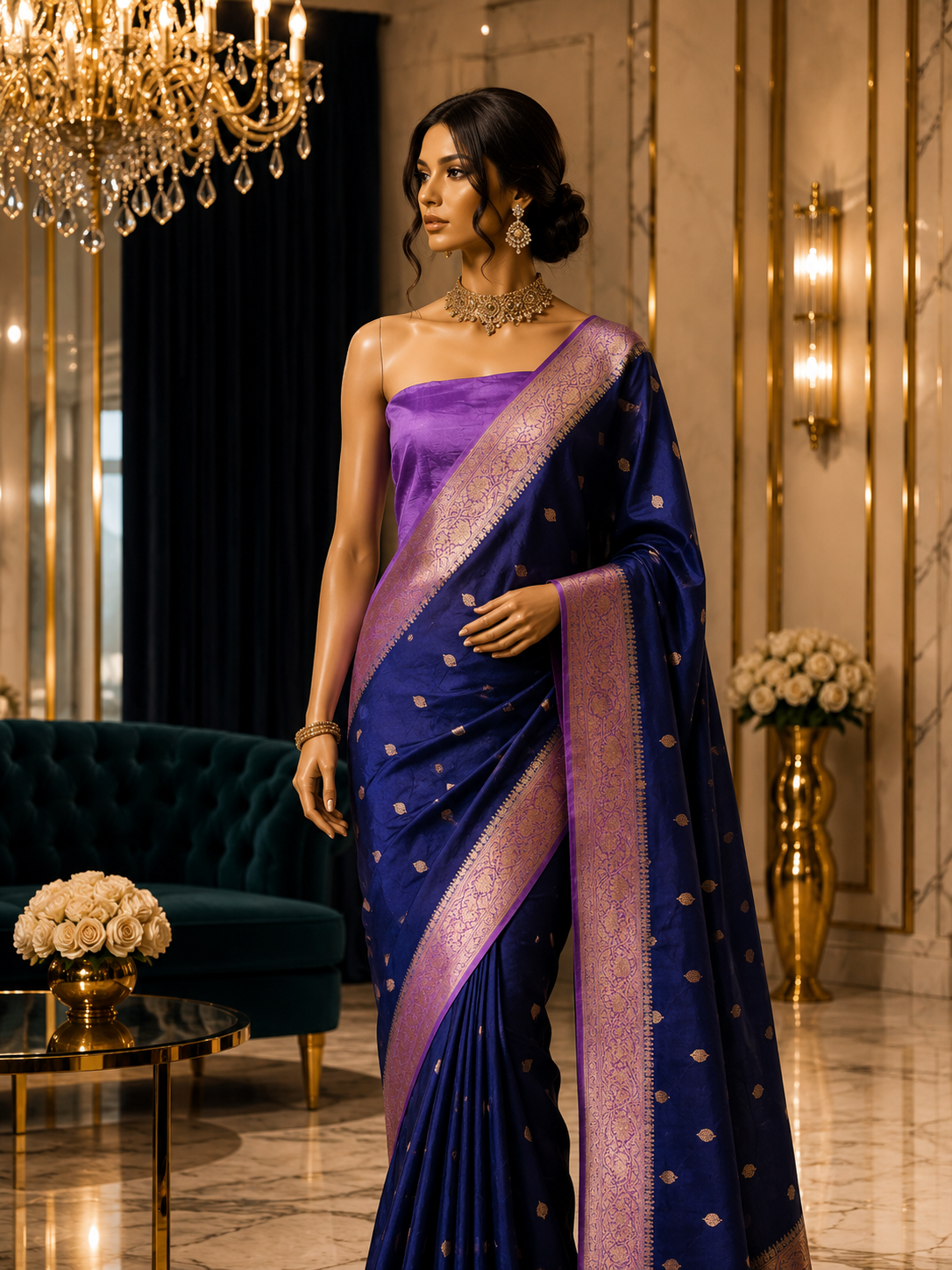 Navy Blue Contrast with lavender border - Pure Banarasi silk Saree with small golden booti