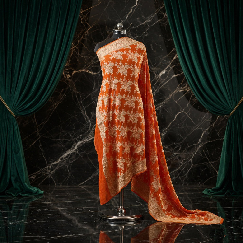 Bright Orange - Pure Georgette Banarasi Dupatta with Floral Jaal Pattern