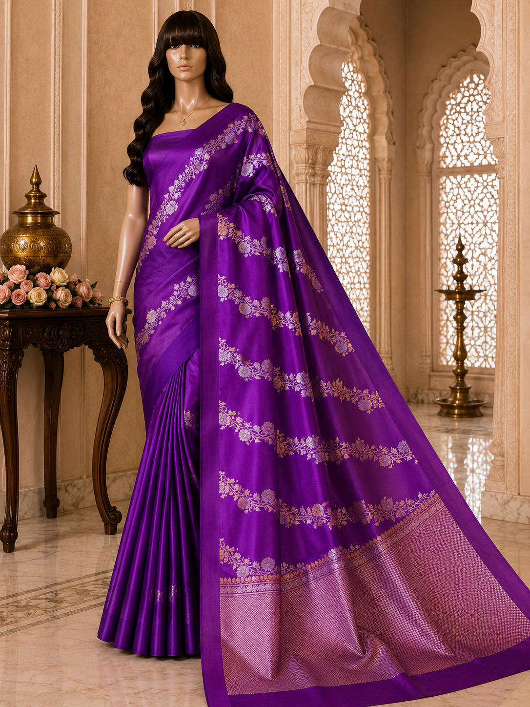 Purple - Pure Raw Mango Banarasi Saree with Golden and silver Boota Motifs