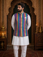 Multicolor Striped - Men's Silk Blend Sleeveless Striped Design Nehru Jacket