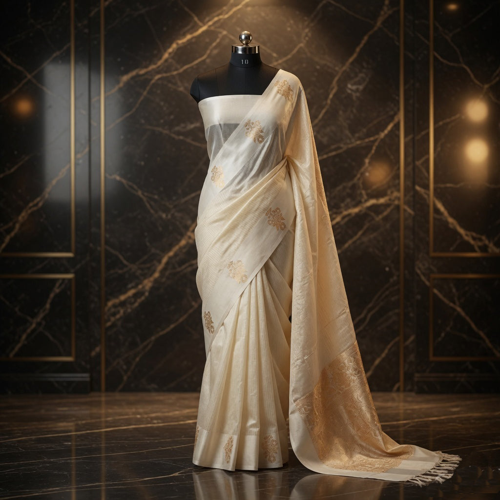 Off-white - Pure Organza Banarasi Saree with Plain Stripe Pattern and Satin Border
