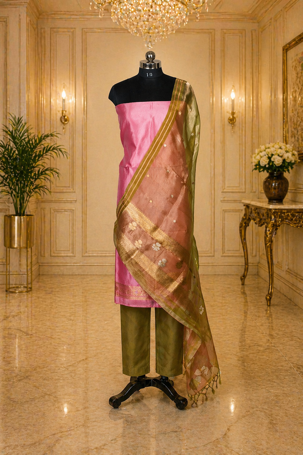 Pink Banarasi Handloom Luxury Suit set contrast with Dhani Green color.
