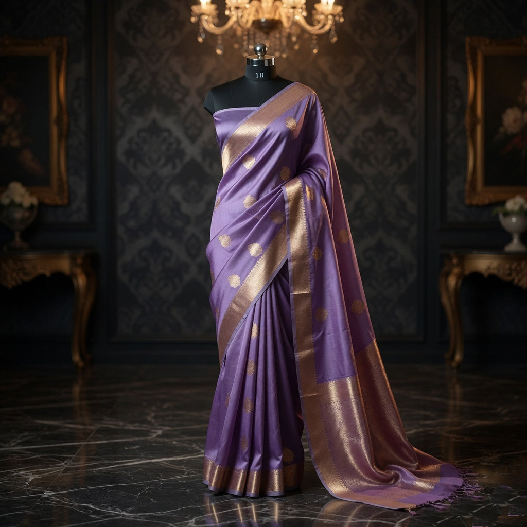Light Purple - Pure Organza Banarasi Saree with light Golden  Zari Boota