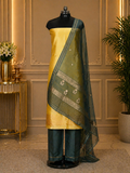 Yellow Banarasi Handloom Luxury Suit set contrast with emerald deep green color.