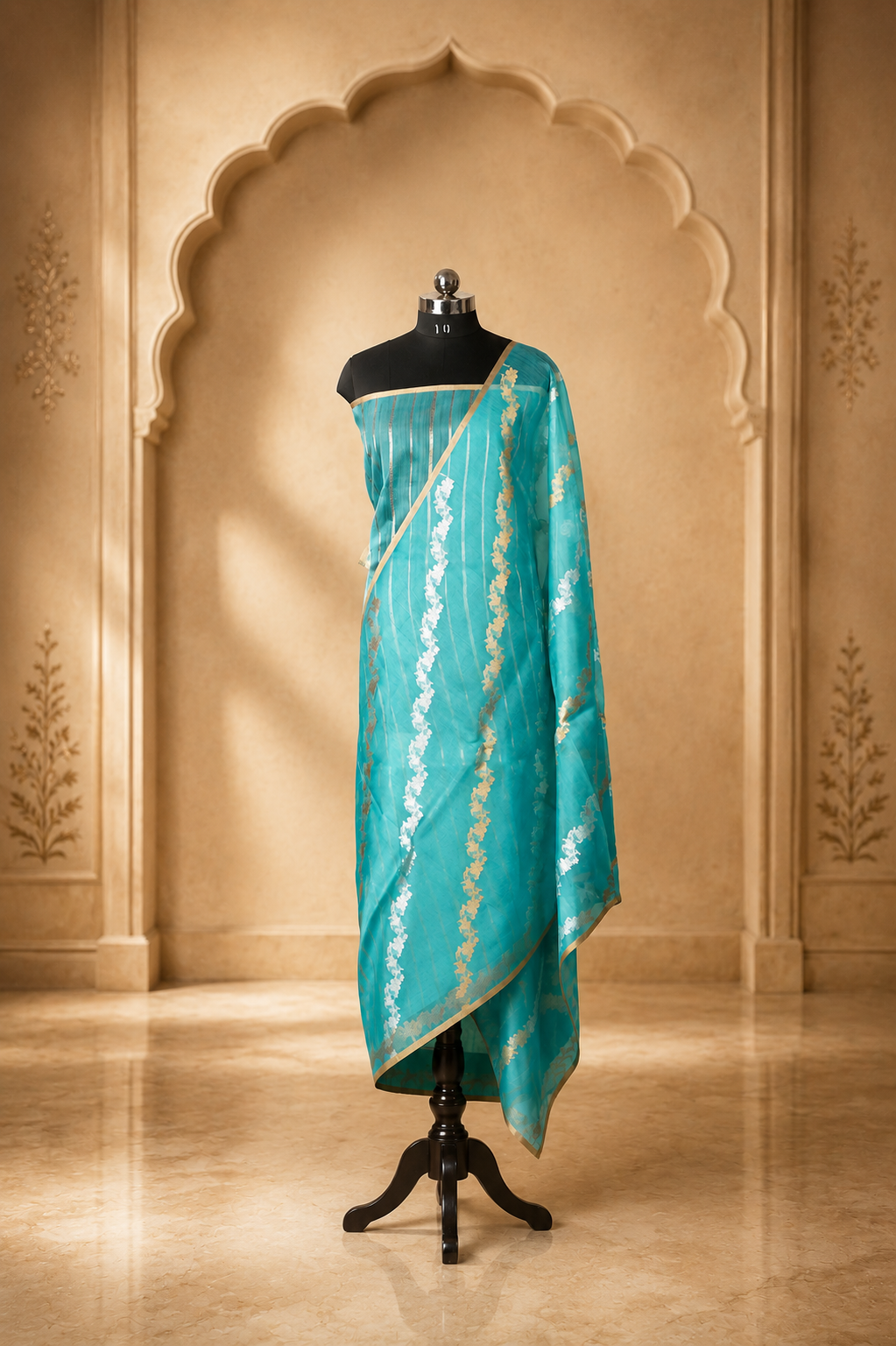 Sky Blue - Pure Organza Banarasi Saree with Banarasi Half Laheria in gold and silver