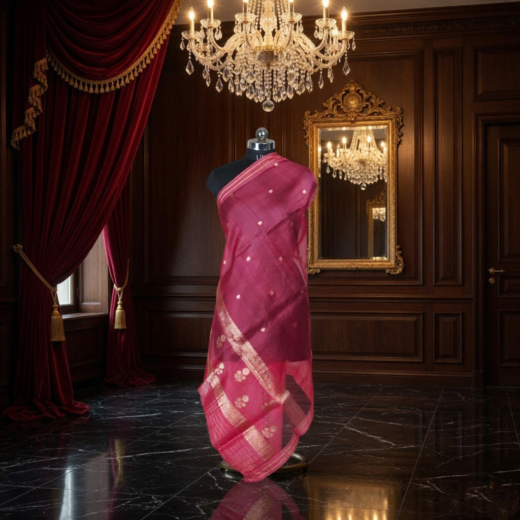 Cherry Pink - Pure Organza Banarasi Dupatta with small Booti design