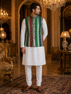 Multicolor Striped - Men's Silk Blend Sleeveless Striped Design Nehru Jacket