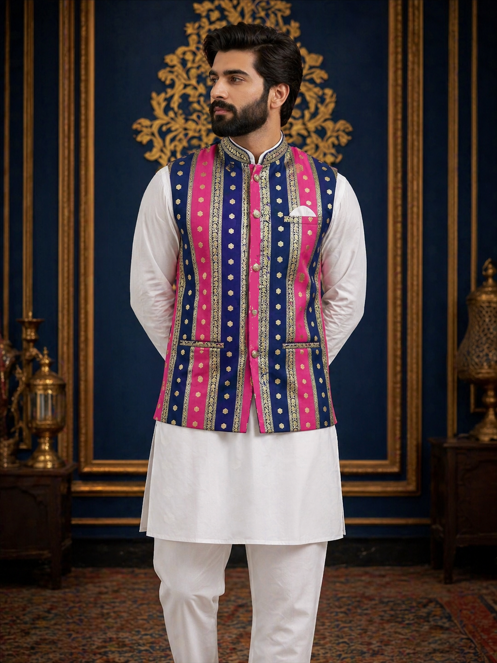 Multicolor Striped - Men's Silk Blend Sleeveless Striped Design Nehru Jacket