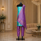 Teal Green Banarasi Handloom Luxury Suit set contrast with pink color.
