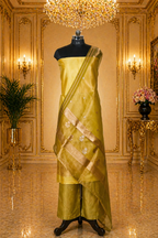 Yellow Banarasi Handloom Luxury Suit set contrast with deep dhani color.