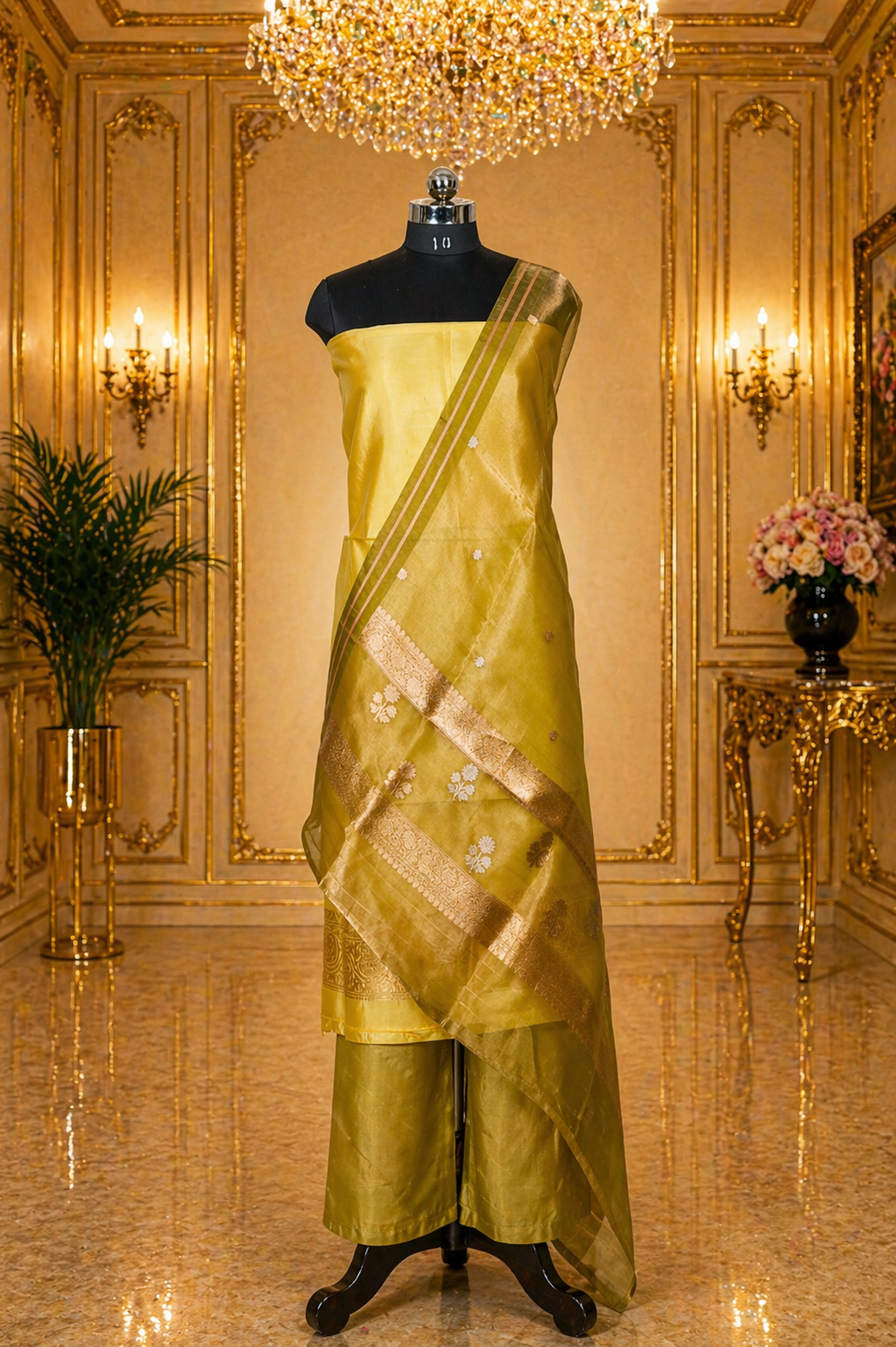 Yellow Banarasi Handloom Luxury Suit set contrast with deep dhani color.