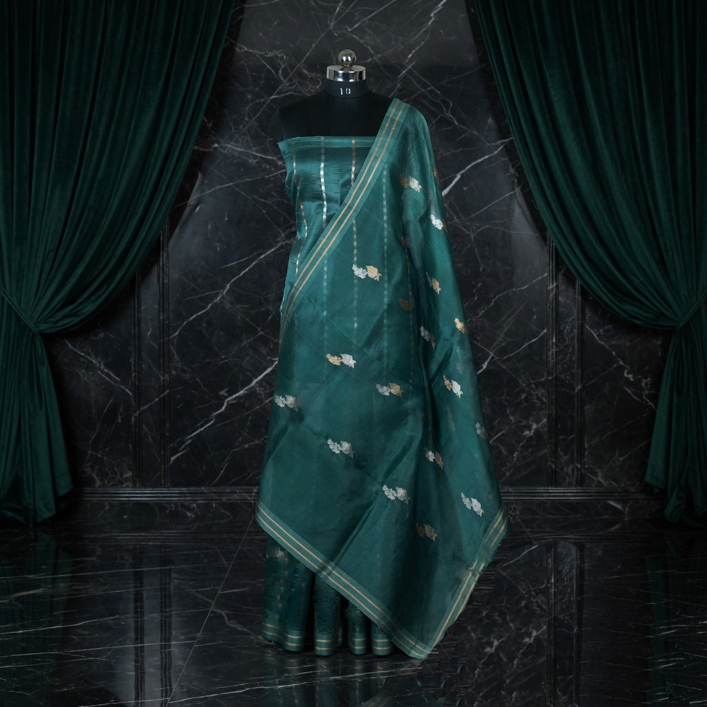 Emerald Deep Green - Pure Organza Banarasi Saree with light Golden silver Zari Booti