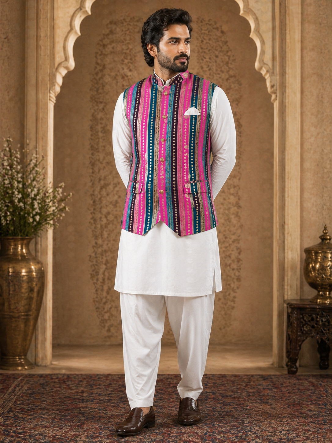 Multicolor Striped - Men's Silk Blend Sleeveless Striped Design Nehru Jacket