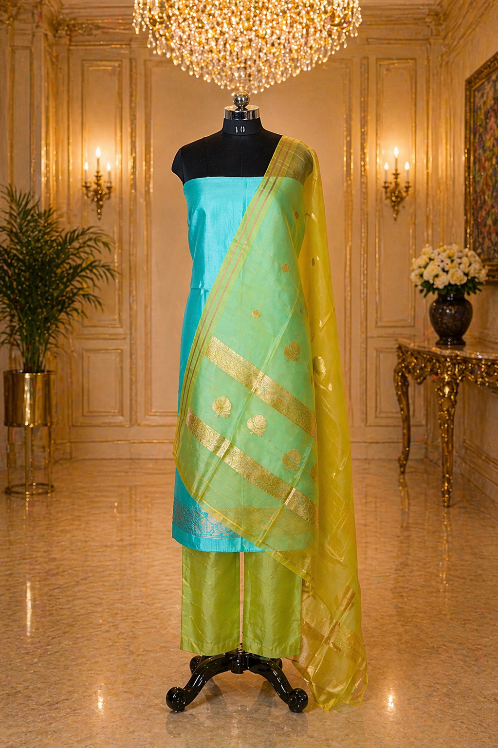 Teal Green Banarasi Handloom Luxury Suit set contrast with soft lemon Yellow color.