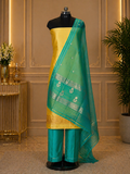 Yellow Banarasi Handloom Luxury Suit set contrast with Aqua Teal Green color.