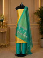 Yellow Banarasi Handloom Luxury Suit set contrast with Aqua Teal Green color.