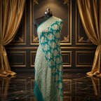 Dark Aqua Green - Pure Georgette Banarasi Dupatta with Floral Jaal Pattern