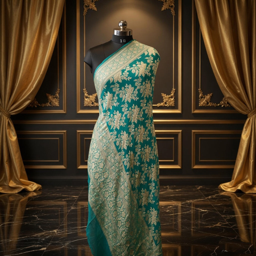 Dark Aqua Green - Pure Georgette Banarasi Dupatta with Floral Jaal Pattern