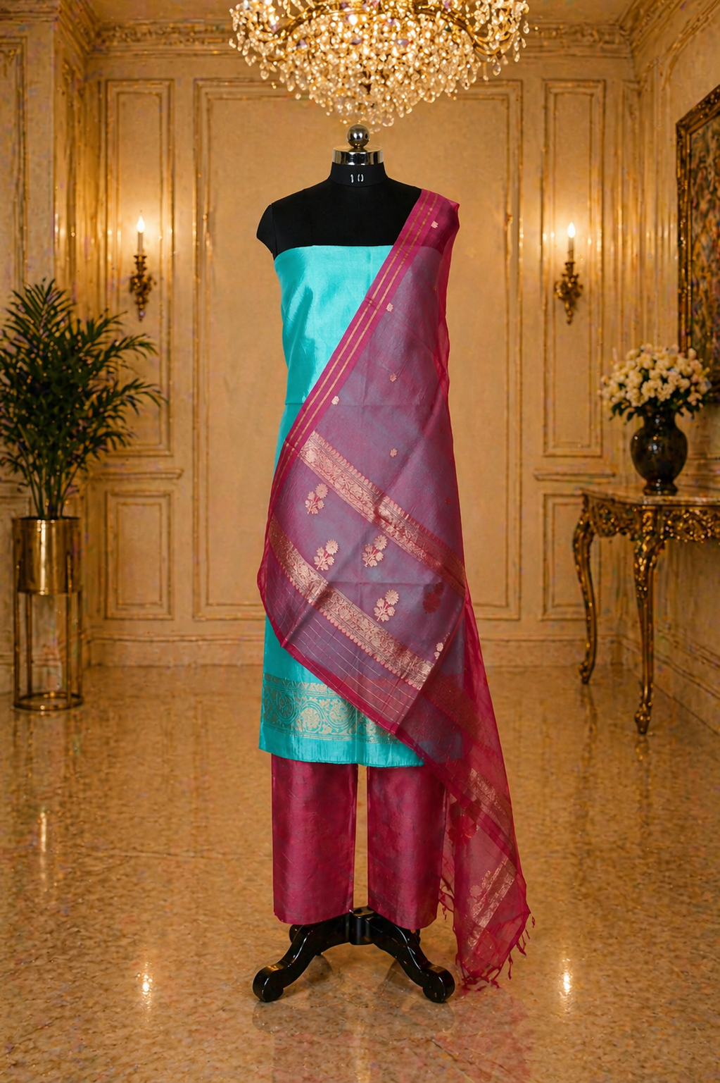 Teal Green Banarasi Handloom Luxury Suit set contrast with cherry pink color.