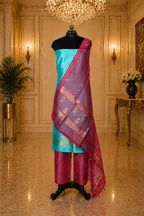 Teal Green Banarasi Handloom Luxury Suit set contrast with cherry pink color.
